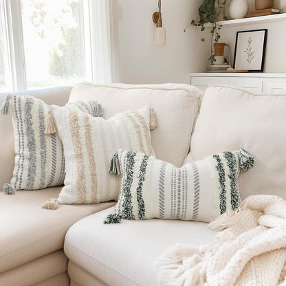 Decorative Boho Throw Pillow Covers 20X20 Set of 2, Accent Neutral Textured Tufted Pillow Covers Striped for Couch Bed Sofa Living Room, Grey and Cream White