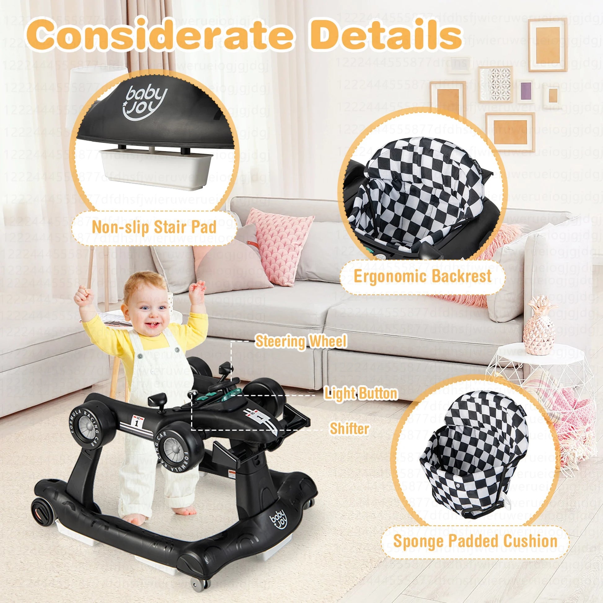 Adjustable 4-in-1 Foldable Baby Walker and Activity Push Walker - Black