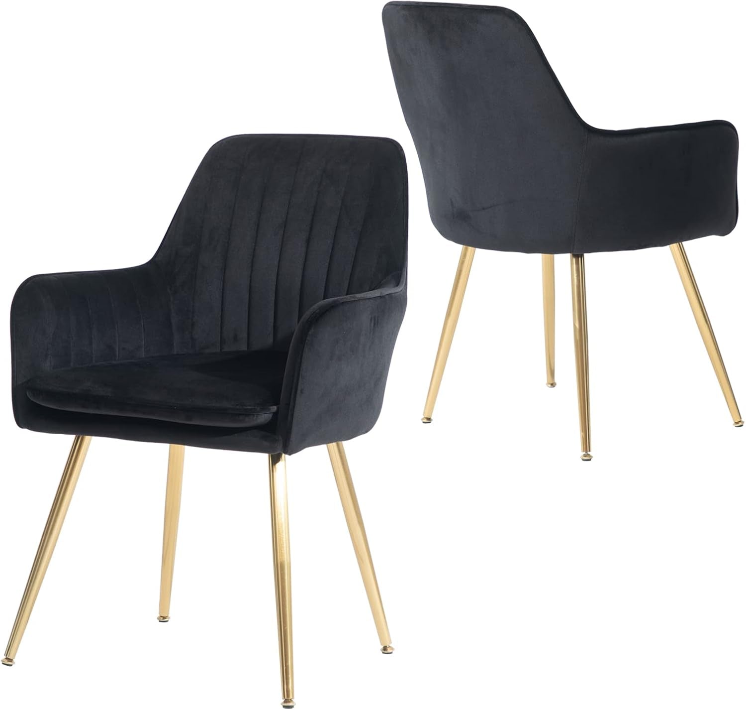 Mid-Back Velvet Dining Chair Set of 2 - Modern Leisure Armchair with Gold-Plated Legs, Upholstered Living Room Chairs (Black)