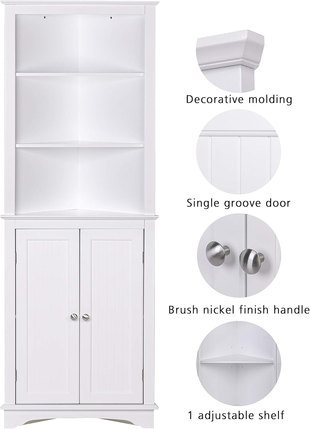 Freestanding Tall Corner Cabinet with Doors and Shelves for Bathroom, Kitchen, and Living Room in White
