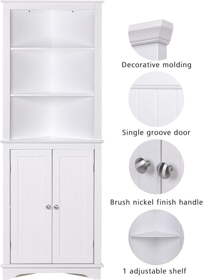 Freestanding Tall Corner Cabinet with Doors and Shelves for Bathroom, Kitchen, and Living Room in White