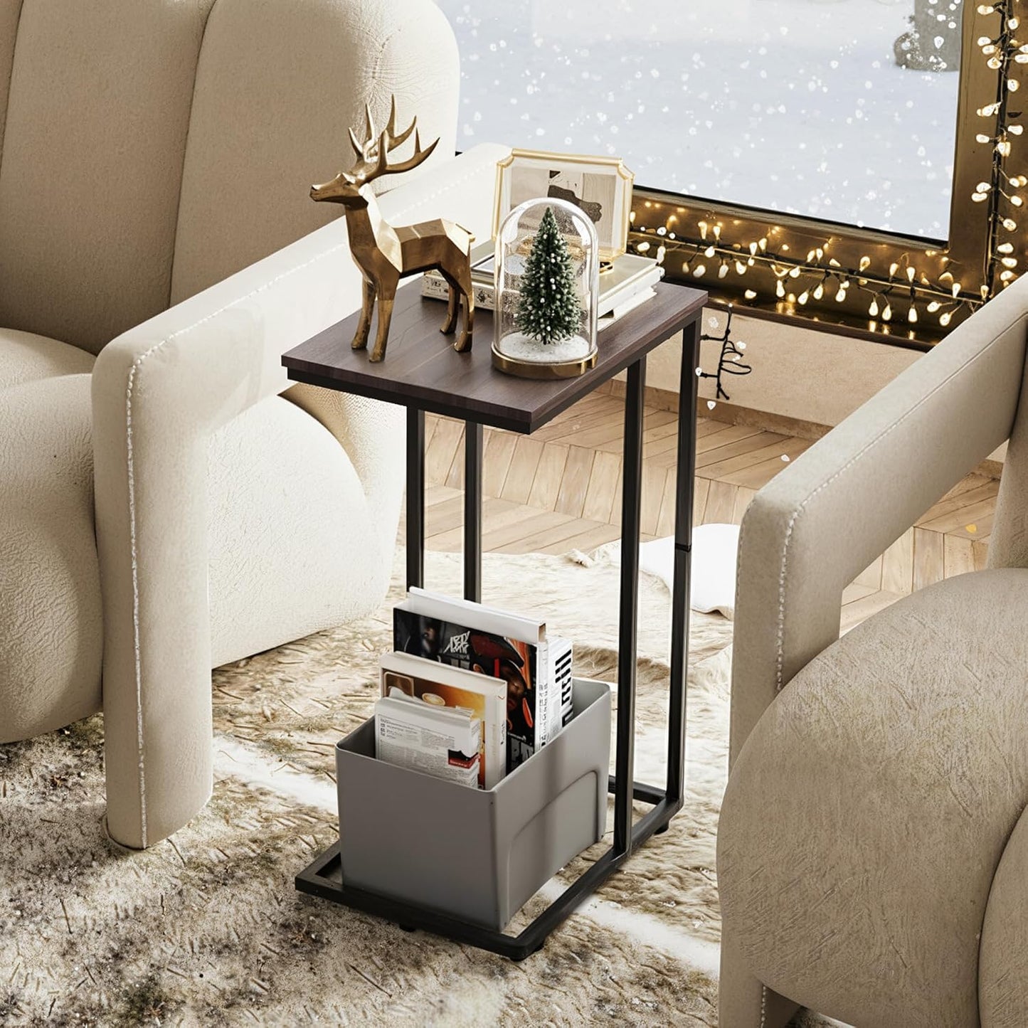 Small Side Table, C Shaped End Table for Couch, Sofa and Bed, Tv Tray Table That Slides under for Living Room, Bedroom, Bedside, Gray and Black