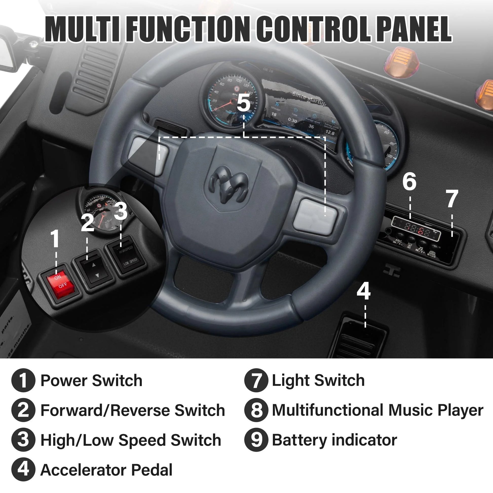 Dodge RAM 12V Electric Ride-On Car with Remote Control, Rear Wheel Suspension, 5-Point Safety Belt, MP3 Player, Bluetooth, LED Lights - Ideal for Children Ages 3-8, Black