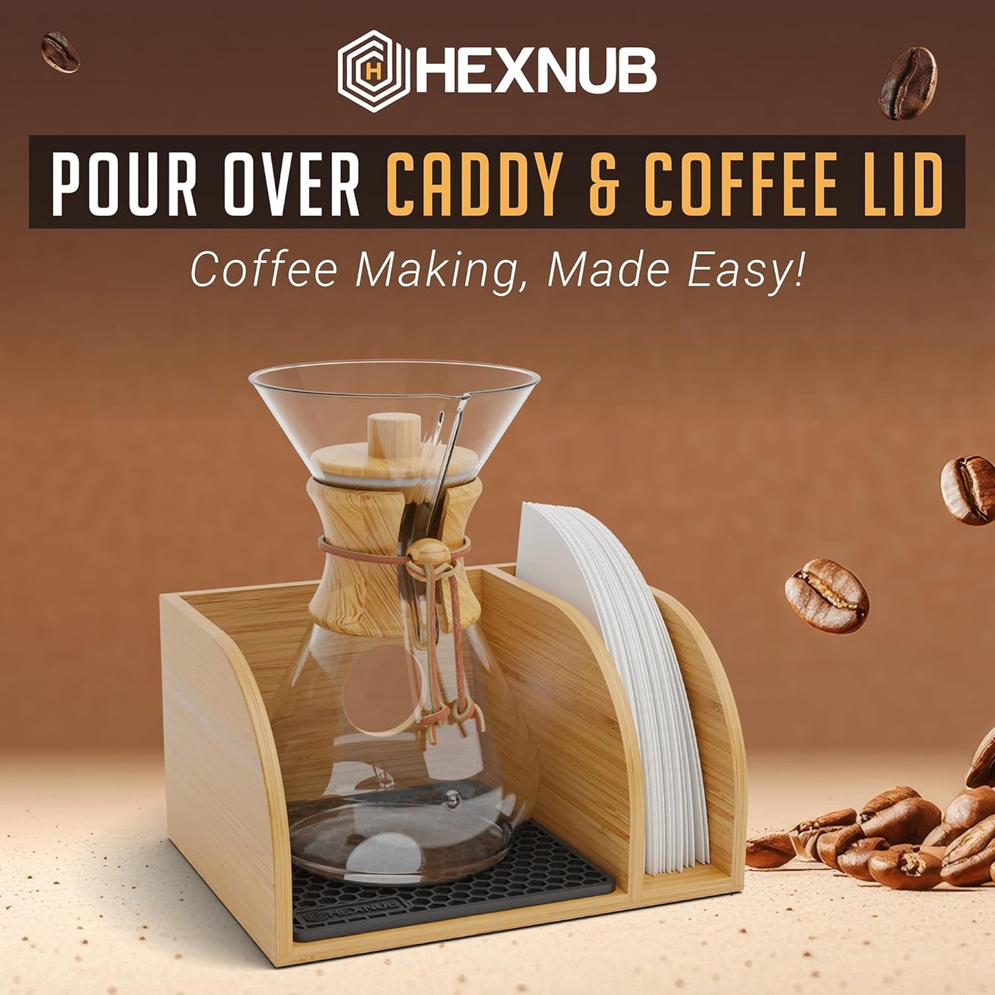 Caddy and Lid for Pour over Coffee Maker, Bamboo Stand Fits Chemex, Bodum, Cosori Coffee Carafes, Heatproof Mat, Filter Holder - Black Mat