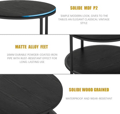 Round Coffee Table - 25.6" Small Rustic Wood Design with 2-Tier Storage Shelf for Living Room Furniture (Black)