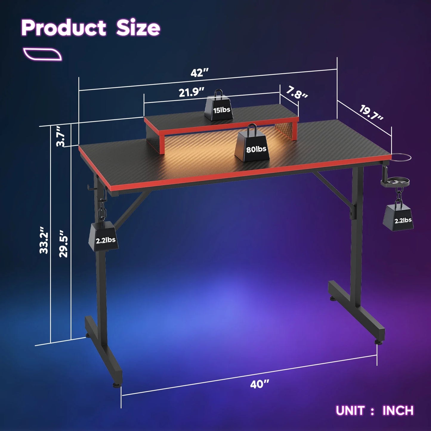 42-Inch Gaming Desk with LED Lighting and Monitor Stand in Red for PC and Office Use