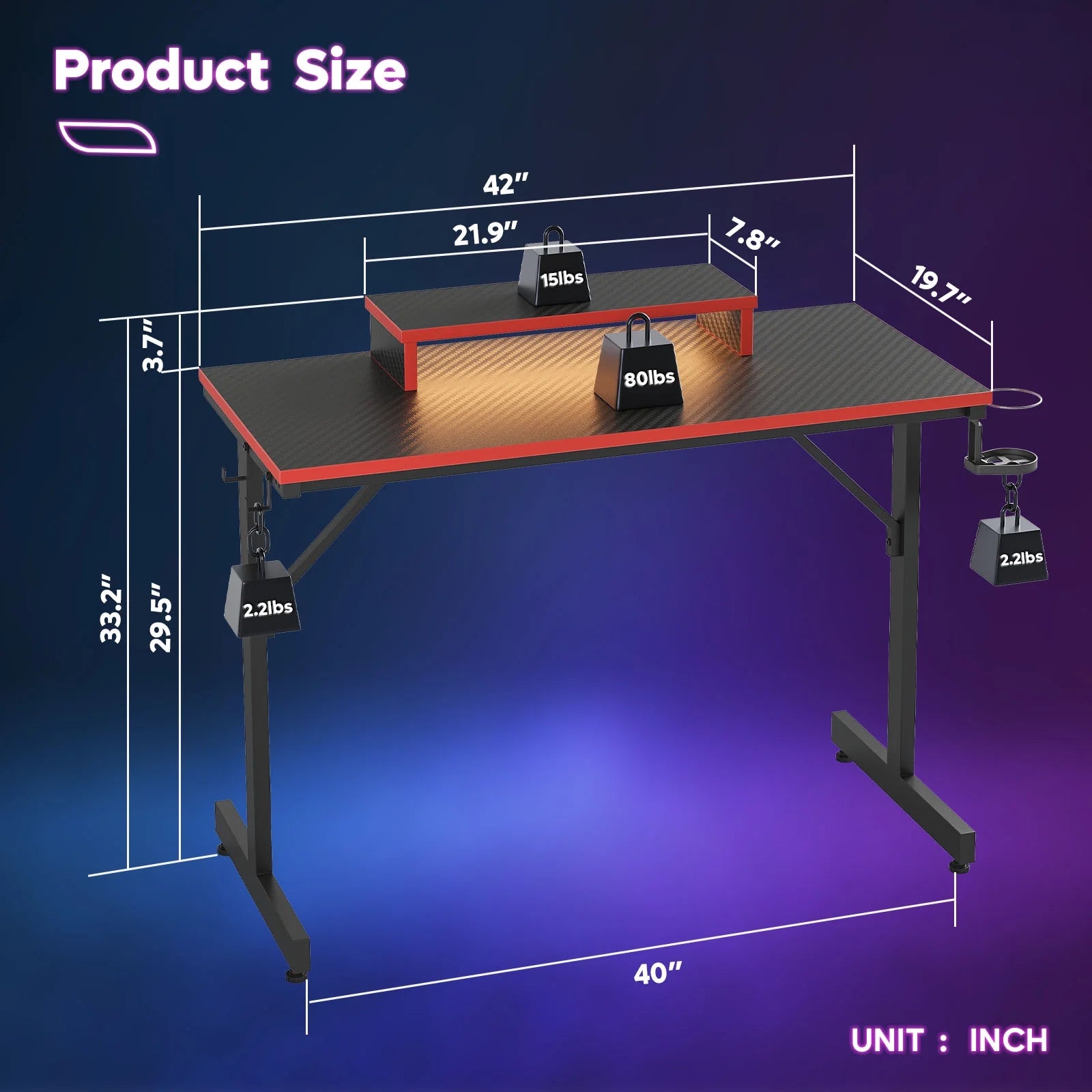 42-Inch Gaming Desk with LED Lighting and Monitor Stand in Red for PC and Office Use
