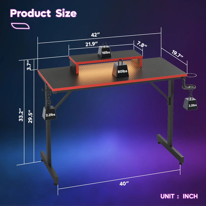 42-Inch Gaming Desk with LED Lighting and Monitor Stand in Red for PC and Office Use