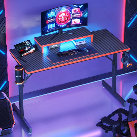 42-Inch Gaming Desk with LED Lighting and Monitor Stand in Red for PC and Office Use