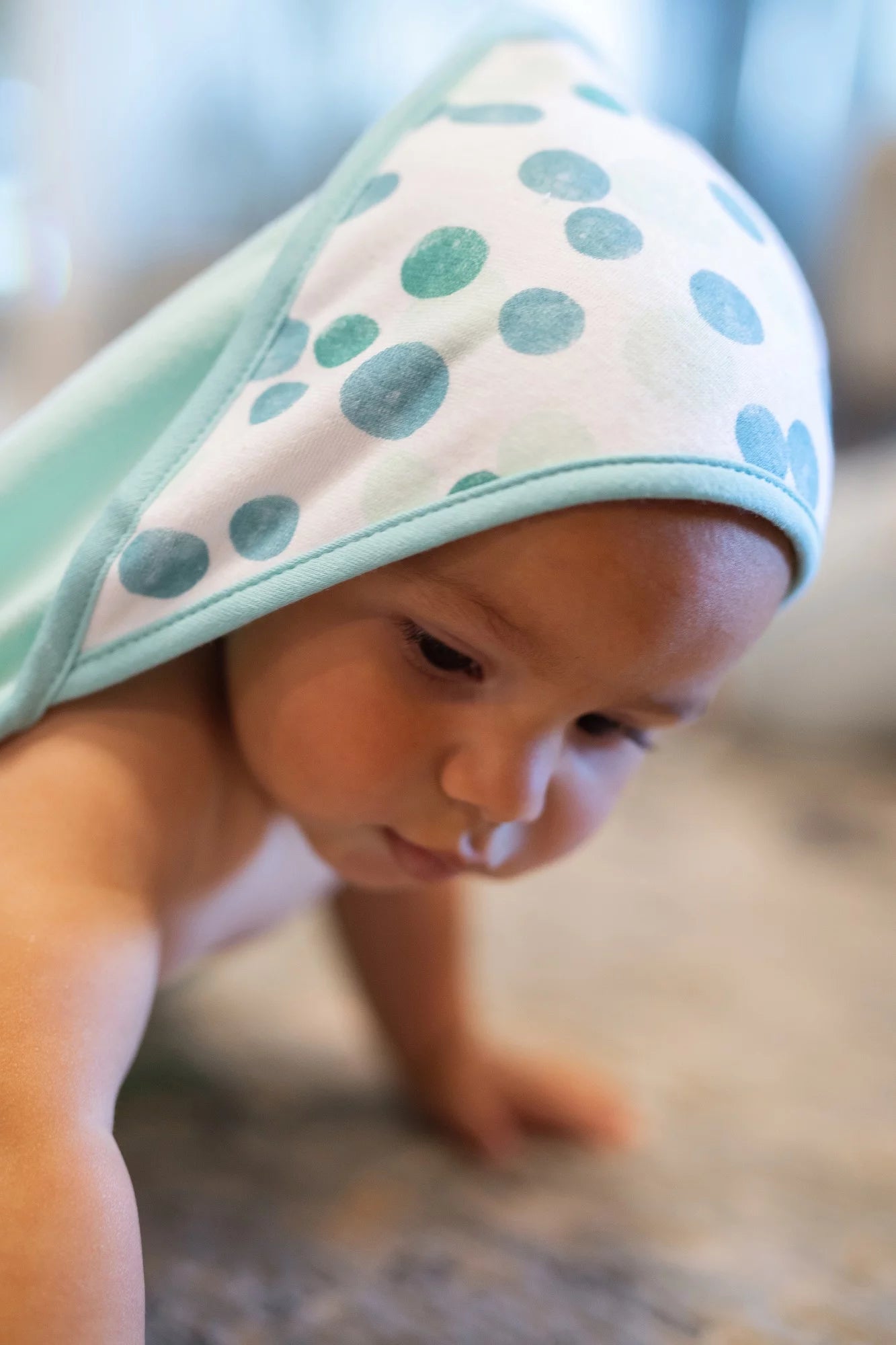 Newborn Baby Hooded Towel Set - Soft Terry Bath Towels for Infants, Set of 3 in Green Dots