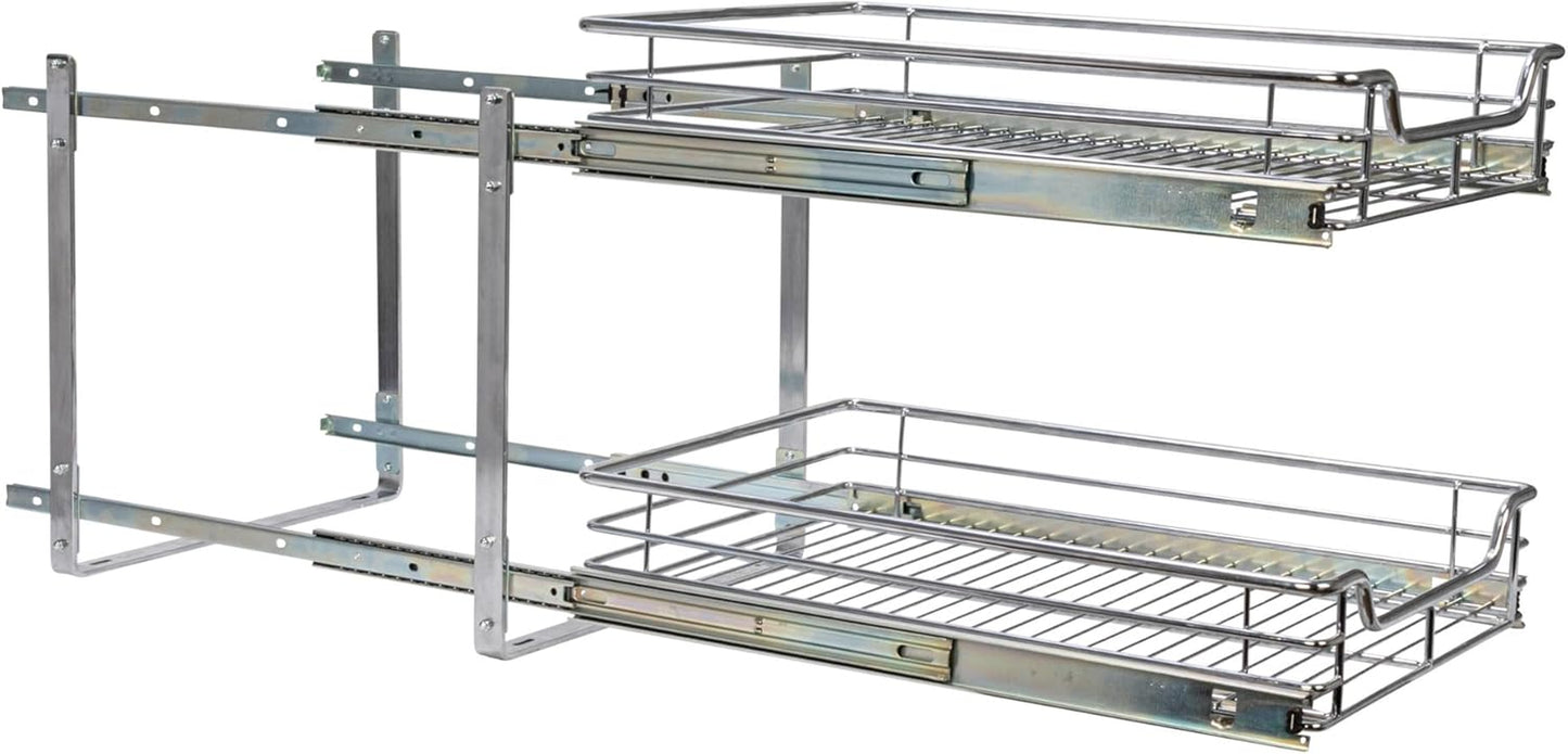 Glidez Multipurpose Chrome-Plated Steel Pull-Out/Slide-Out Basket Storage Organizer for under Cabinet Use - 2-Tier Design - Fits Standard Size Cabinet or Shelf, Chrome
