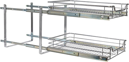 Glidez Multipurpose Chrome-Plated Steel Pull-Out/Slide-Out Basket Storage Organizer for under Cabinet Use - 2-Tier Design - Fits Standard Size Cabinet or Shelf, Chrome