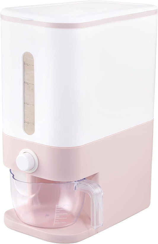 22.5-25 Lbs Pink Rice Dispenser, Rice Storage Container, Pink Rice Storage Container with Measuring Cup, Rice Holder Bucket for Household Kitchen Rice Soybean Corn