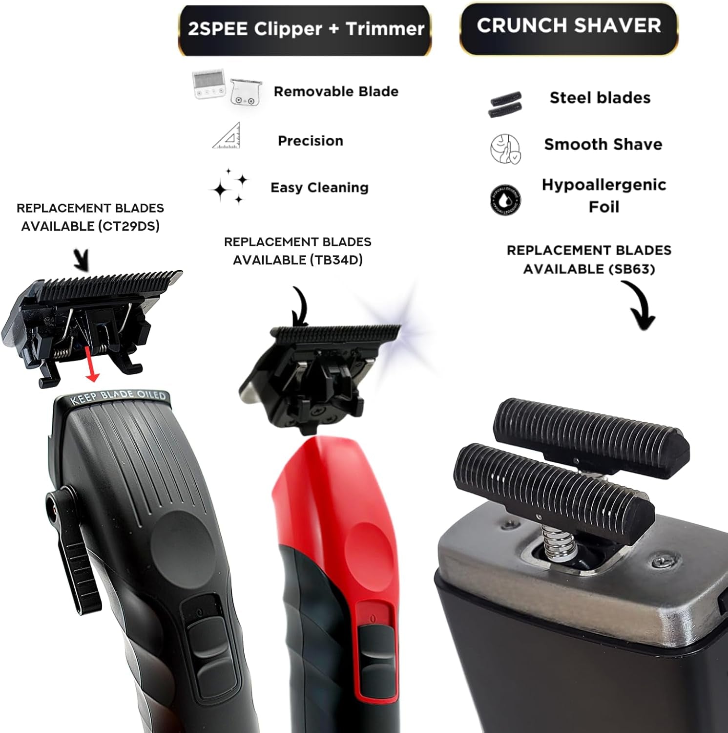 3-In-1 Barber Bundle | 2Spee Clipper, 2Spee Trimmer & Crunch Foil Shaver | Professional Beard Trimmer Men’S Hair Clipper Kit | Black
