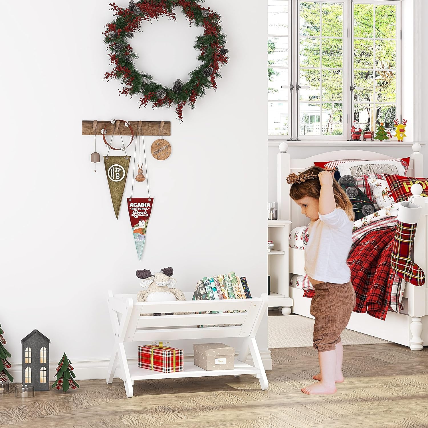 Children's Bookshelf with Caddy - Toddler Book Storage Organizer for Kids' Rooms, Nurseries, and Playrooms in White