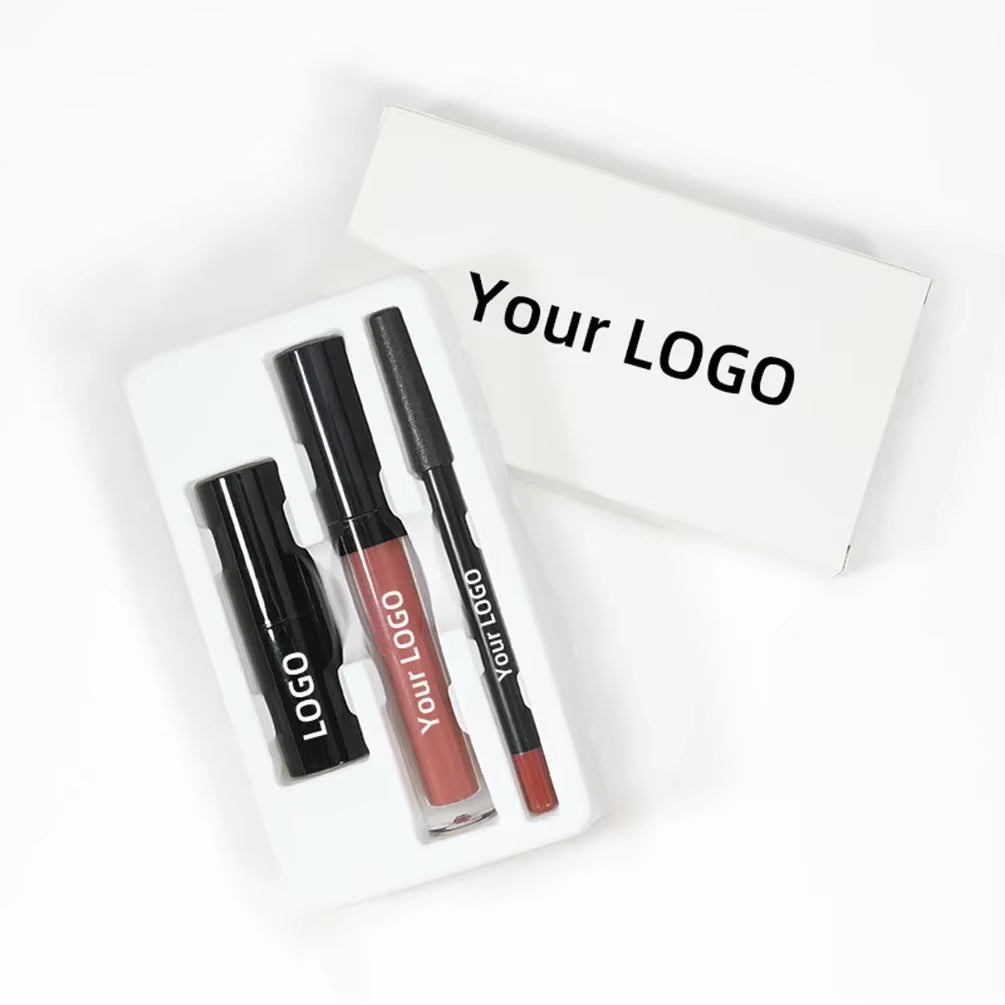 Private Label Lip Set Three-Piece Lip Liner Matte Lipstick Lip Gloss Moisturizing Long-Lasting High Pigment Lip Kit Wholesale