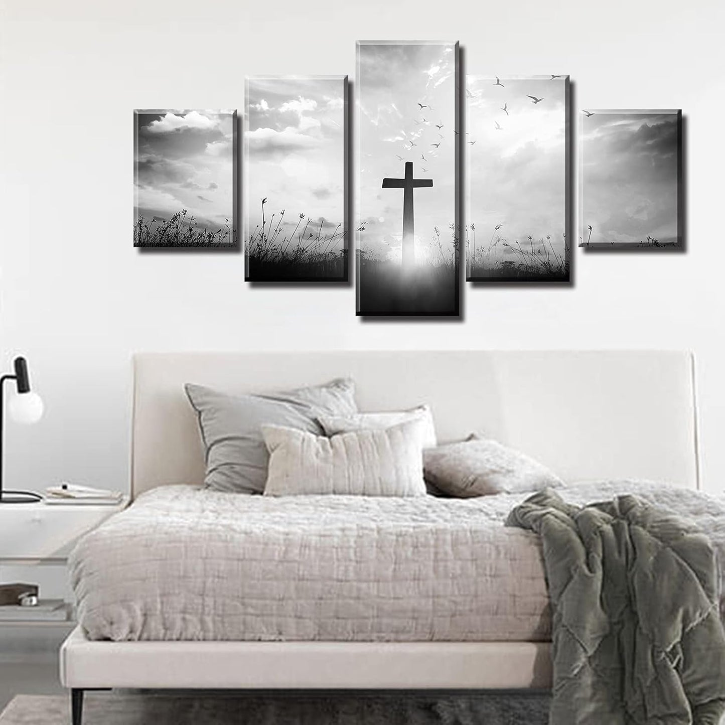 Black and White Christian Wall Art Set - Religious Jesus Cross Prints for Living Room and Bedroom Decor - 5-Piece Artwork (60" W x 32" H)