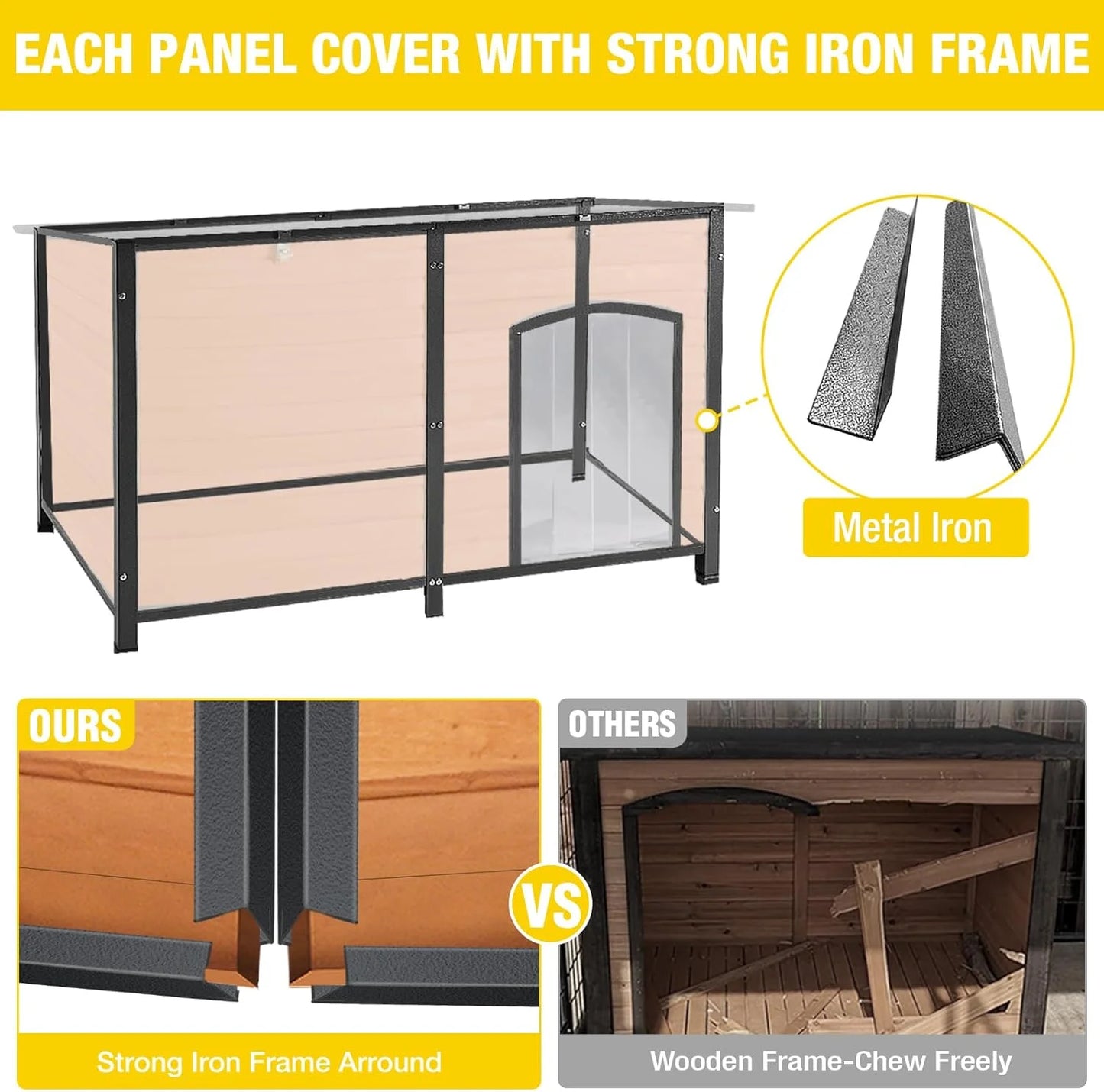 Extra Large Heated Dog House Outdoor Wooden Dog Kennel 59" Insulated with Heater All-Around Iron Frame