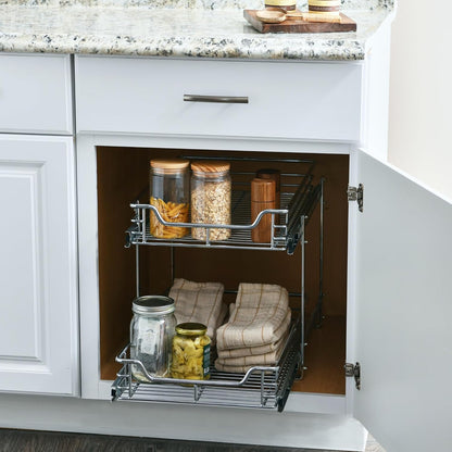 Glidez Multipurpose Chrome-Plated Steel Pull-Out/Slide-Out Basket Storage Organizer for under Cabinet Use - 2-Tier Design - Fits Standard Size Cabinet or Shelf, Chrome