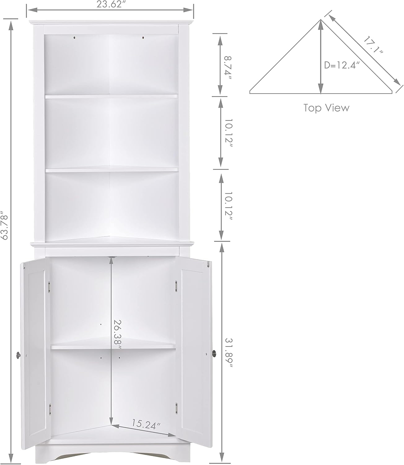 Freestanding Tall Corner Cabinet with Doors and Shelves for Bathroom, Kitchen, and Living Room in White