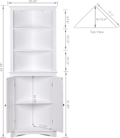 Freestanding Tall Corner Cabinet with Doors and Shelves for Bathroom, Kitchen, and Living Room in White