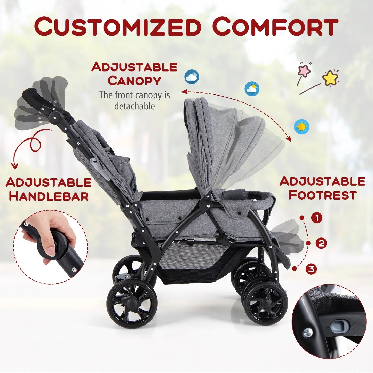 Lightweight Foldable Double Stroller for Infants - Grey Travel Pushchair