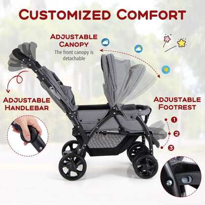 Lightweight Foldable Double Stroller for Infants - Grey Travel Pushchair