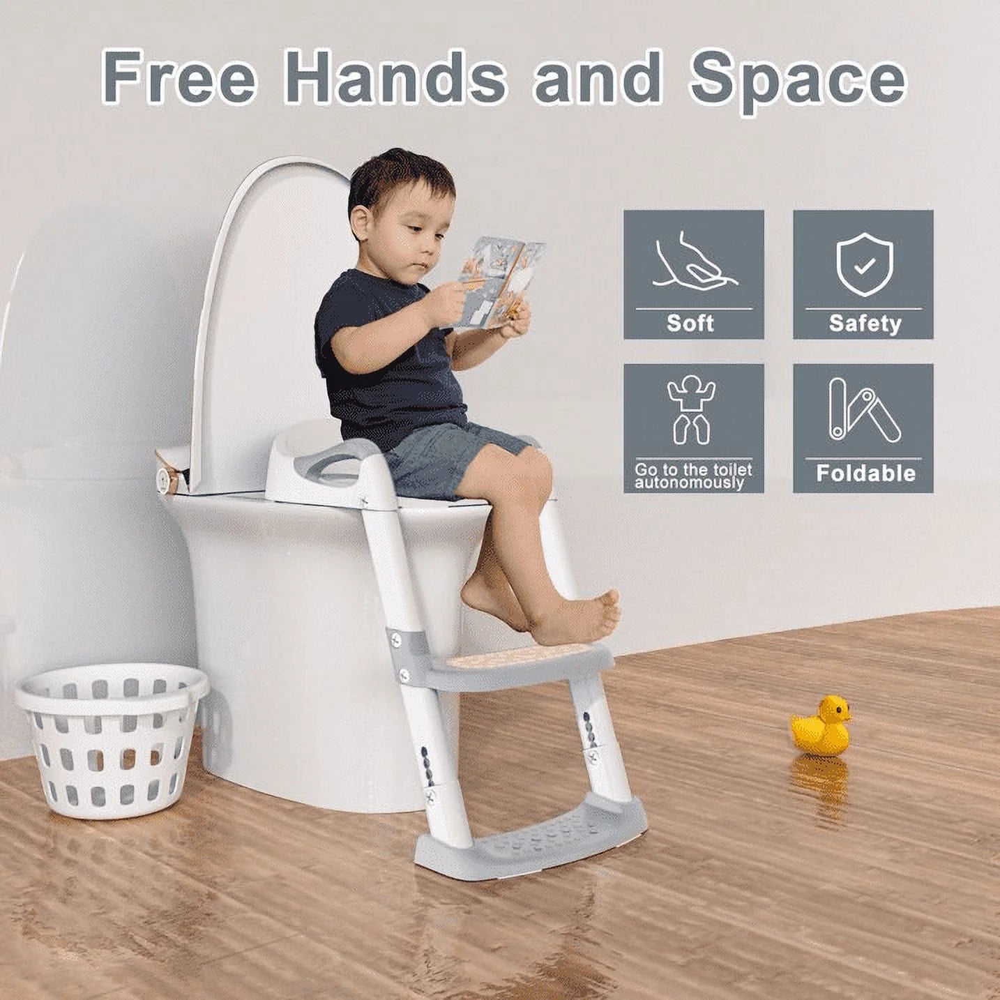 Potty Training Seat with Adjustable Step Stool Ladder, Foldable Design with Safety Handles for Toddlers (Gray)