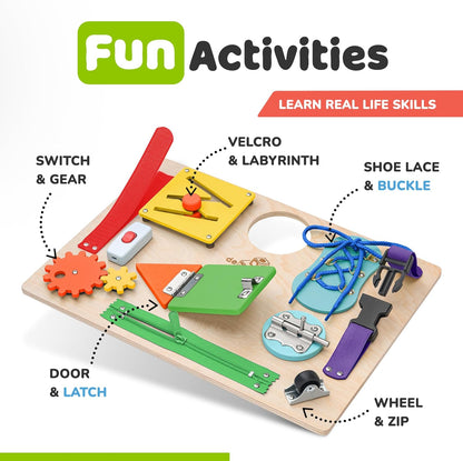 Premium Wooden Sensory Busy Board for Toddlers Aged 1-3, Featuring 10 Educational Activities to Enhance Fine Motor Skills and Ideal for Travel