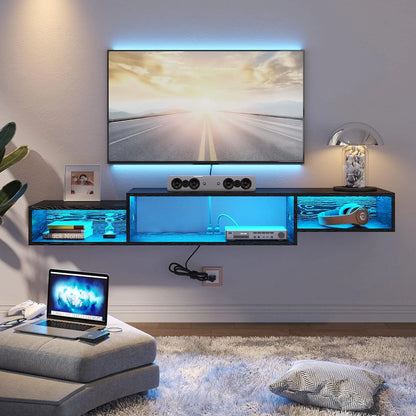59" Floating TV Stand with LED Lights & Power Outlet for 60 Inch TV, Wall Mounted Media Console Entertainment Center, Black