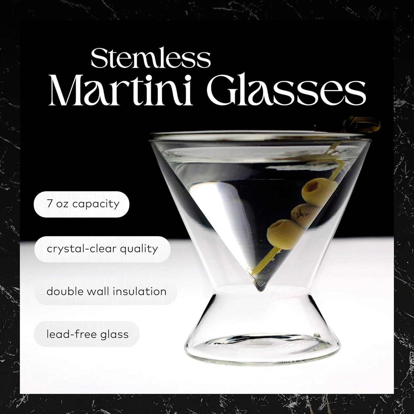Stemless Martini Glasses - 7 Oz Clear Set of 2 - Double Wall Insulated Cocktail Glass Set - Unique and Fun Gift for Espresso Martini Lovers