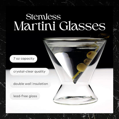 Stemless Martini Glasses - 7 Oz Clear Set of 2 - Double Wall Insulated Cocktail Glass Set - Unique and Fun Gift for Espresso Martini Lovers