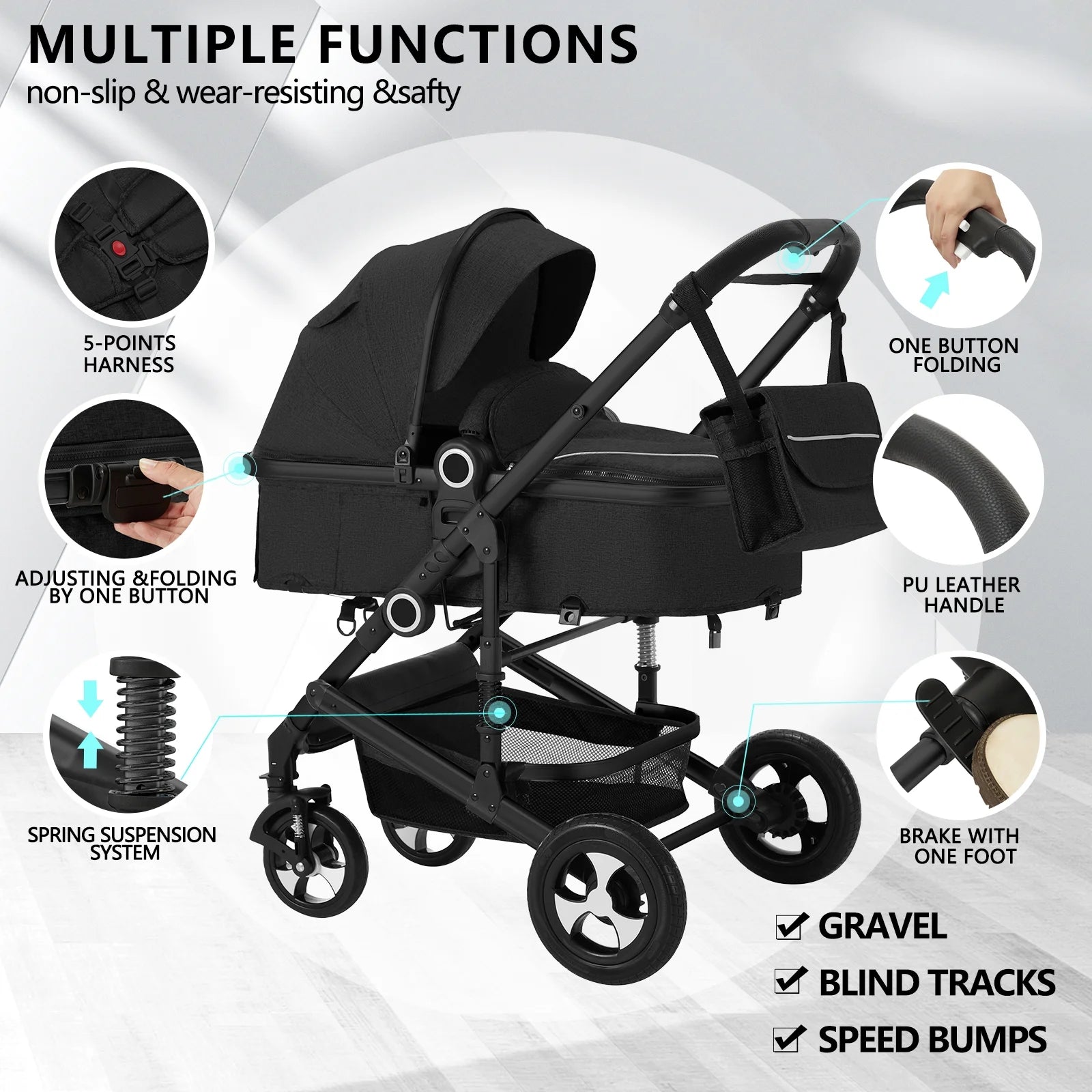 3-in-1 Convertible Baby Stroller with Generous Seating and Adjustable Canopy, 24 lbs, Black