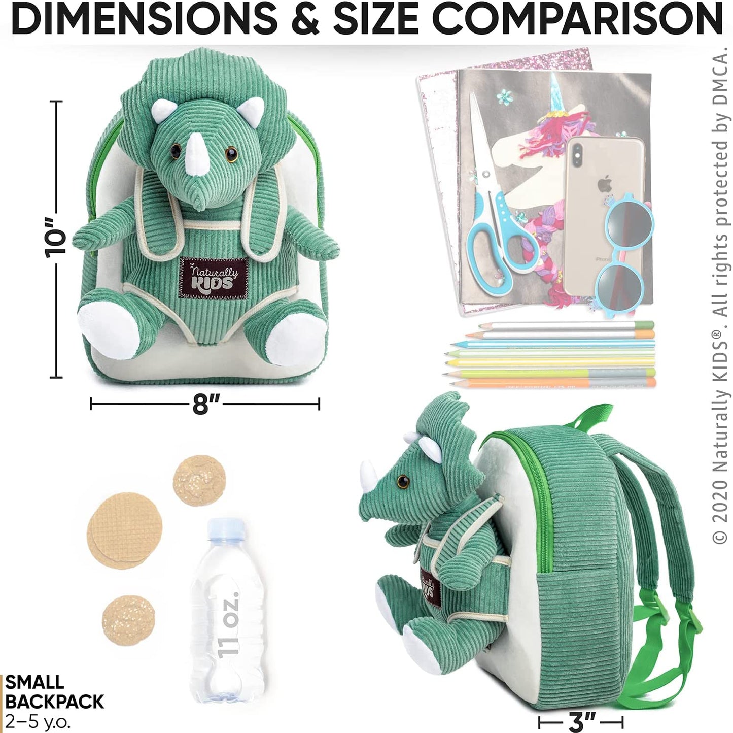 Green Triceratops Plush Stuffed Animal - Ideal Dinosaur Gift for Children Aged 3-5, Toddler Backpack for Boys and Girls