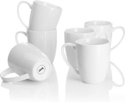 Porcelain White Coffee Mugs - 12 Ounce - Set of 6, Coffee Cups for Latte, Hot Tea, Cappuccino, Mocha, Cocoa, Festival Gift, Microwave Safe ﻿