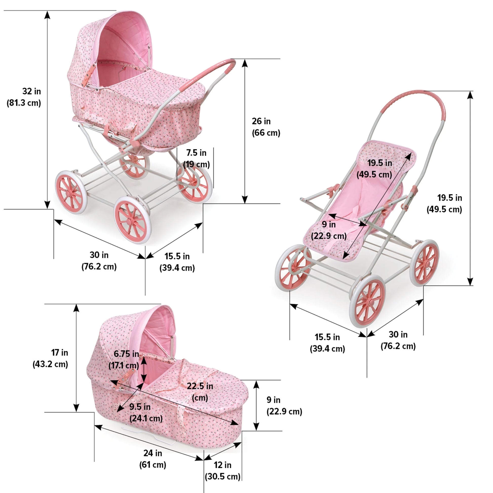 3-in-1 Pink Rosebud Doll Pram, Carrier, and Stroller Set