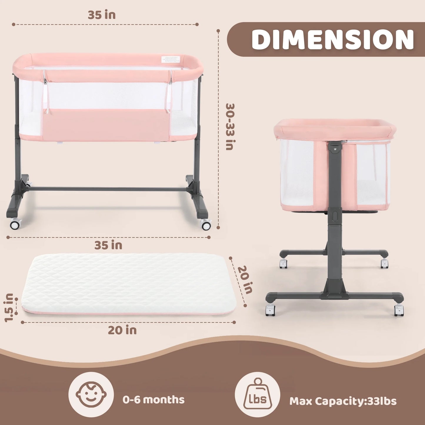 Height Adjustable Baby Bassinet with Wheels - Pink Co-Sleeper for Newborns