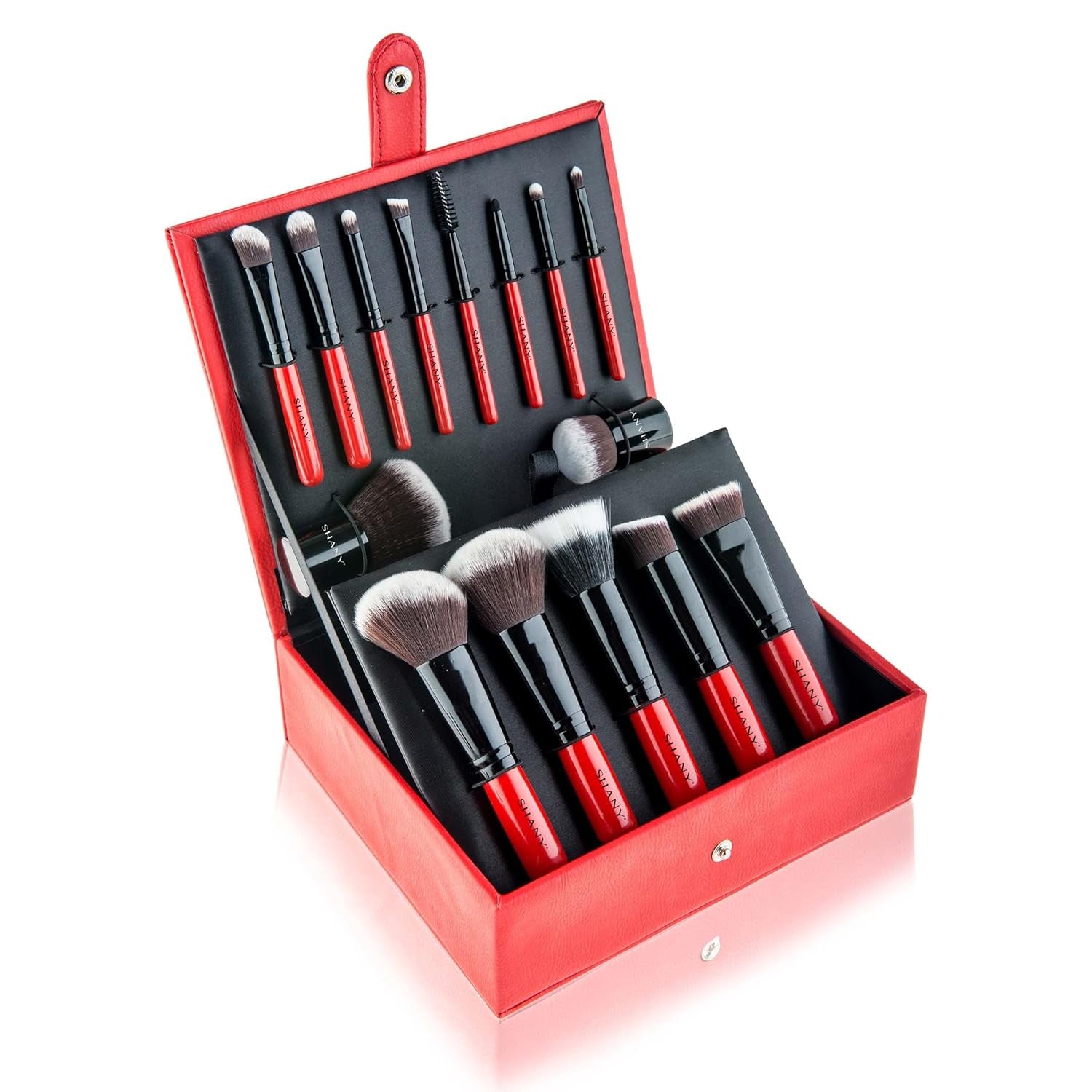 Makeup Brushes Vanity Vox- 15 Pc Premium Cosmetics Brush Set with Stylish Makeup Brush Storage Box and Brush Stand