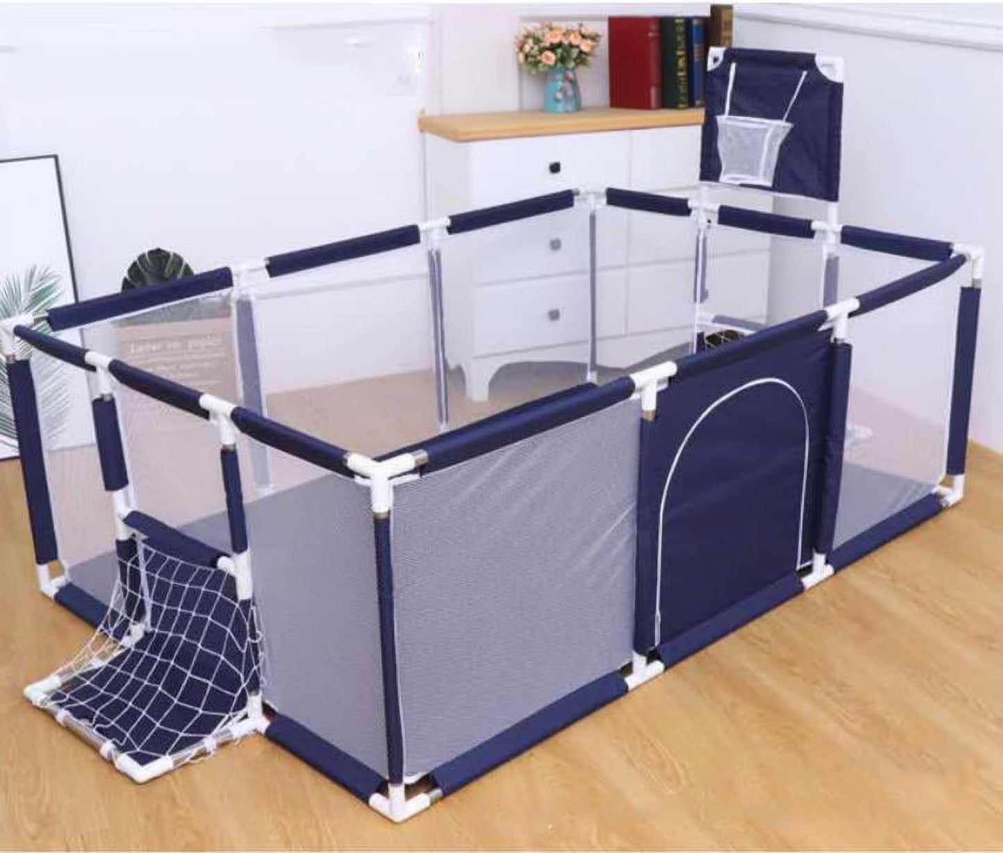 91-Inch Premium Playpen with Basketball Hoop - Versatile Folding Mesh Playard for Infants and Children, Suitable for Indoor and Outdoor Use