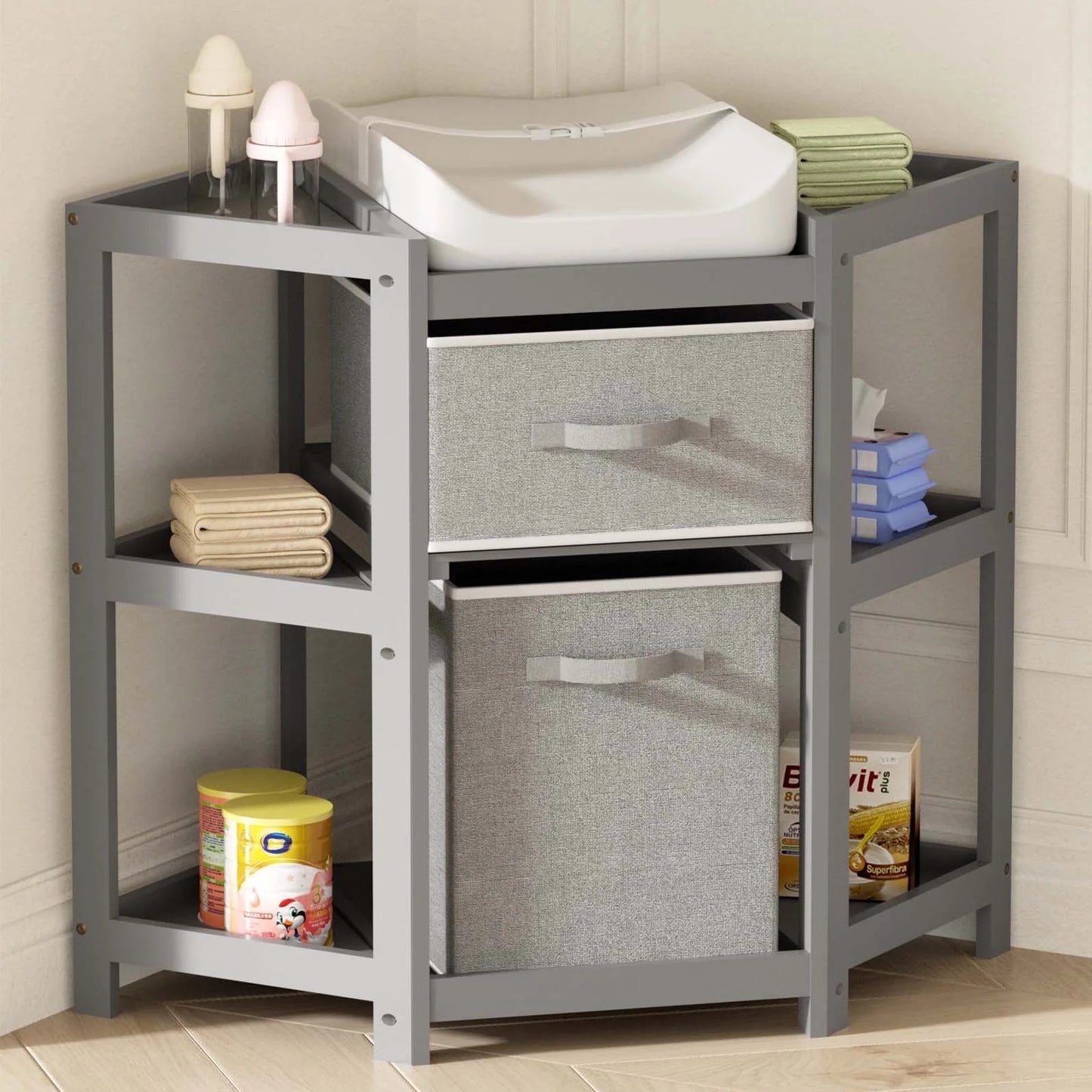 Children's Corner Gray Diaper Changing Station with Contoured Pad, Laundry Hamper, and Storage Bin