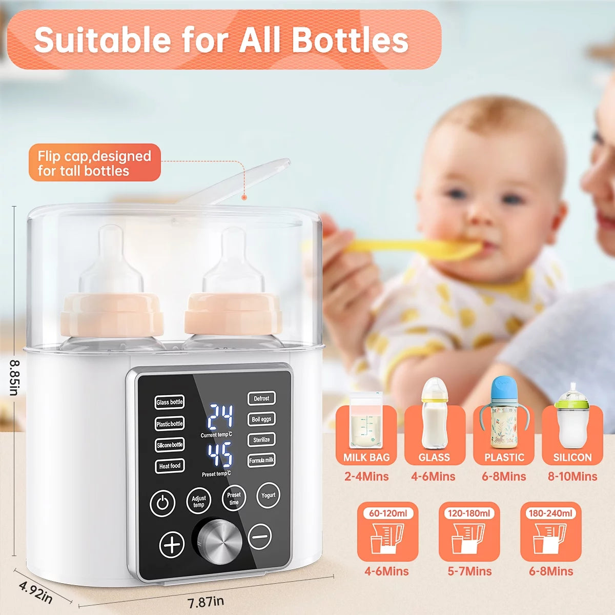 12-in-1 Dual Baby Bottle Warmer and Food Heater with LCD Display, Timer, and 24-Hour Temperature Control for Breastmilk and Formula, BPA-Free, Ideal for Twins