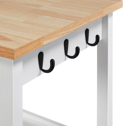 Rolling Kitchen Island Cart with Storage and Drawer, Features Wood Top and 6 Side Hooks, White Finish