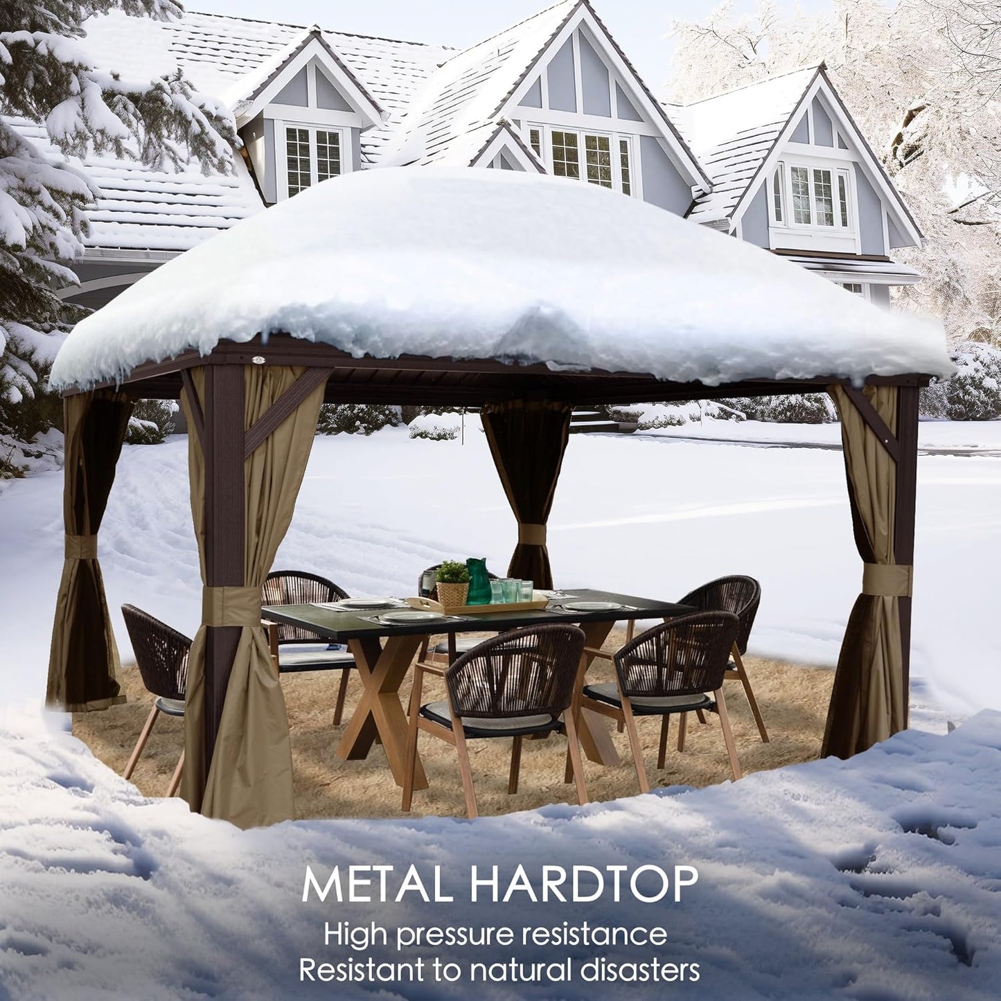 Alexander 10' X 12' Hardtop Gazebo, Aluminum Frame with Galvanized Steel Double Roof, Outdoor Permanent Pavilion with Curtains and Netting for Patio, Backyard, Deck, Lawn(Brown)