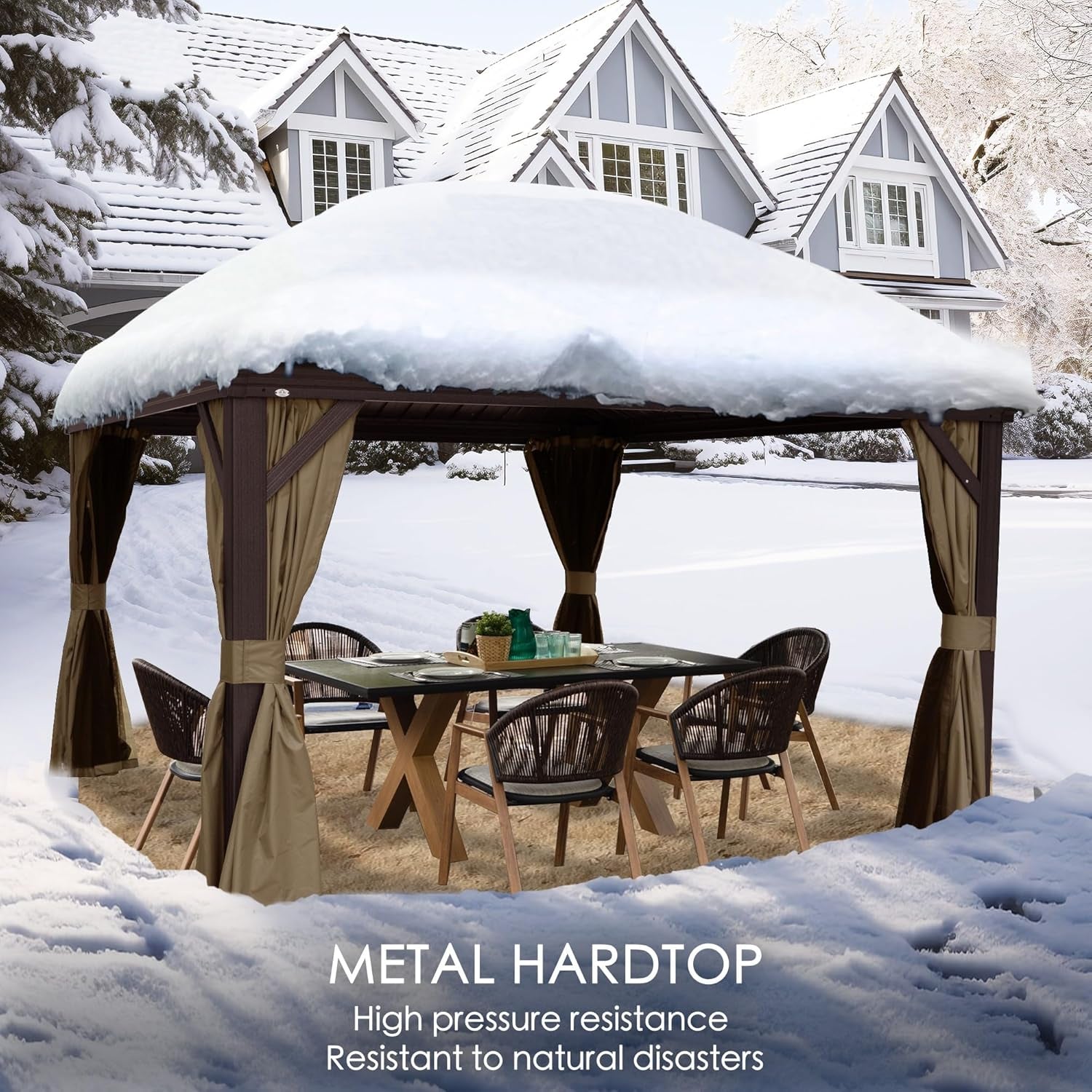 Alexander 10' X 12' Hardtop Gazebo, Aluminum Frame with Galvanized Steel Double Roof, Outdoor Permanent Pavilion with Curtains and Netting for Patio, Backyard, Deck, Lawn(Brown)