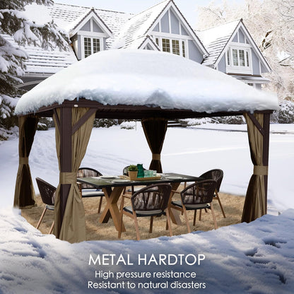 Alexander 10' X 12' Hardtop Gazebo, Aluminum Frame with Galvanized Steel Double Roof, Outdoor Permanent Pavilion with Curtains and Netting for Patio, Backyard, Deck, Lawn(Brown)