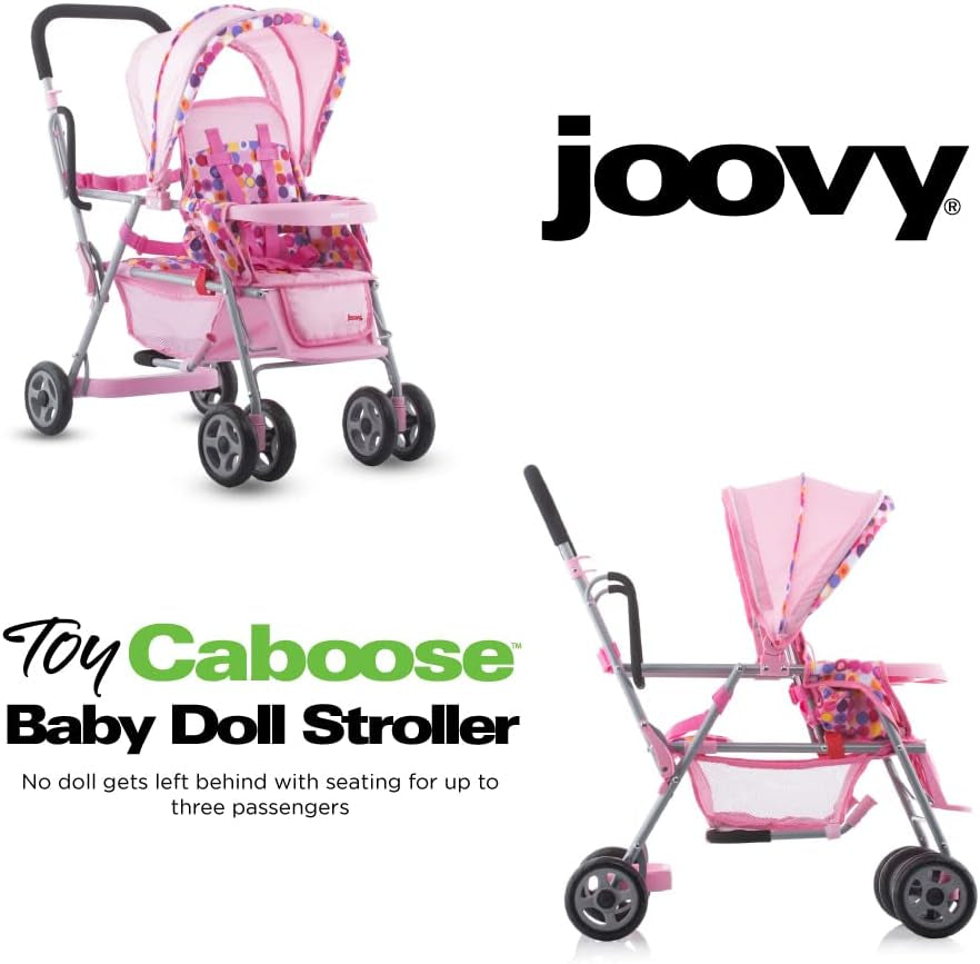 Deluxe Baby Doll Stroller Caboose with Reclining Front Seat, Adjustable Footrest, Storage Basket, Extendable Canopy, and Snack Tray - Accommodates Up to 3 Dolls (Pink Dot)