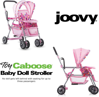 Deluxe Baby Doll Stroller Caboose with Reclining Front Seat, Adjustable Footrest, Storage Basket, Extendable Canopy, and Snack Tray - Accommodates Up to 3 Dolls (Pink Dot)
