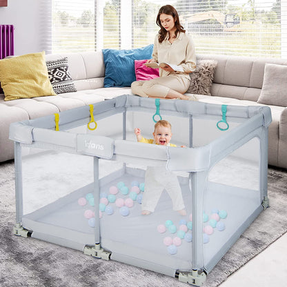 Large Foldable Baby Playpen, 50x50 Playard for Toddlers with Gate, Soft Mesh Design, Indoor/Outdoor Activity Center with 4 Handles and 50 Ocean Balls (Gray)