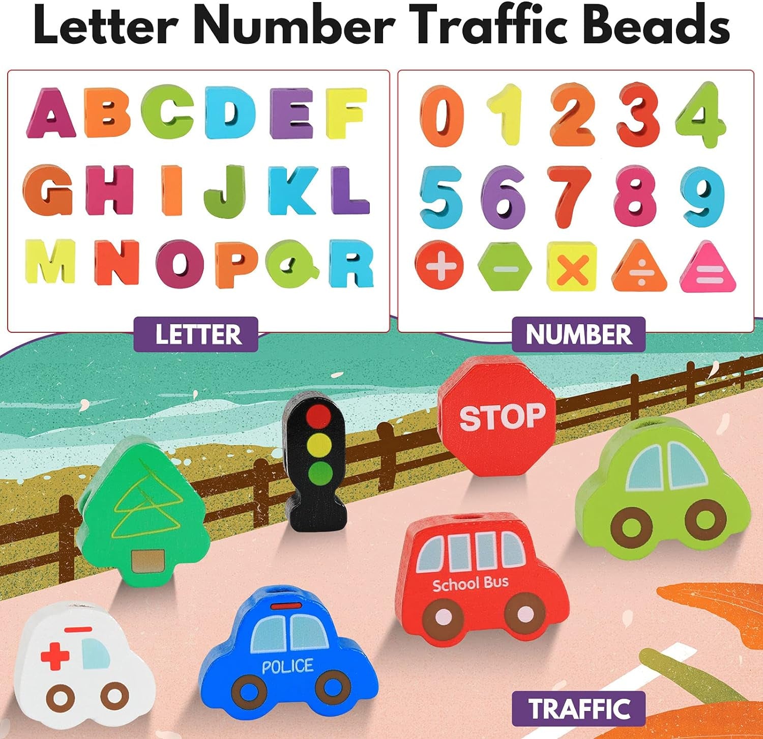 Wooden Alphabet and Number Lacing Beads - Montessori Educational Toy for Ages 3-6, Ideal Birthday Gift for Boys and Girls