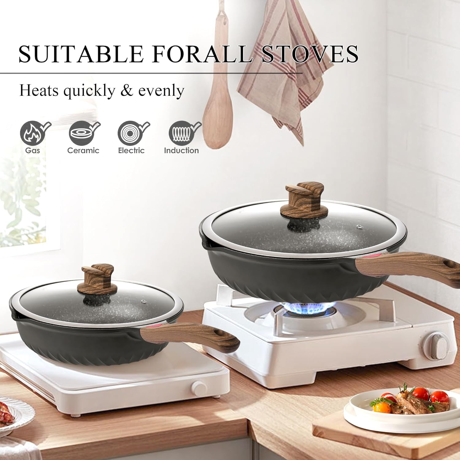 Pots and Pans Set, 12Pcs Nonstick Induction Kitchen Cookware Sets with Stay-Cool Handles, Frying Pans and Saute Pan with Lid, Silicone Cooking Utensil Sets and Pot Protectors, PFAS, PFOA Free